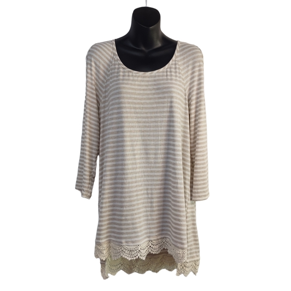 COMO Vintage Women's Oatmeal Ivory Cold Shoulder Lace Hem Top Tunic Sz L NWT